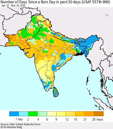 Southern Asia Number of Days Since a Rain Day in past 30 days (USAF 557th WW) Thematic Map For 5/16/2023 - 5/20/2023