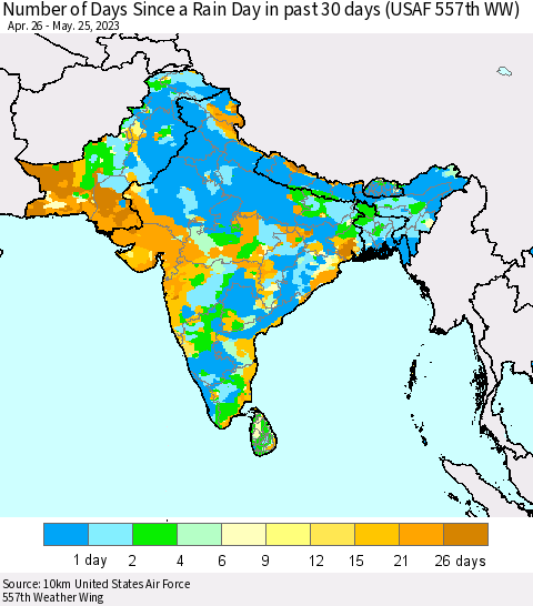 Southern Asia Number of Days Since a Rain Day in past 30 days (USAF 557th WW) Thematic Map For 5/21/2023 - 5/25/2023