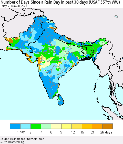 Southern Asia Number of Days Since a Rain Day in past 30 days (USAF 557th WW) Thematic Map For 5/26/2023 - 5/31/2023