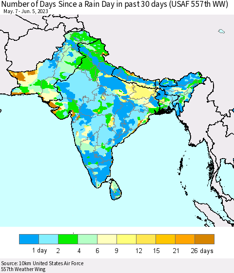 Southern Asia Number of Days Since a Rain Day in past 30 days (USAF 557th WW) Thematic Map For 6/1/2023 - 6/5/2023