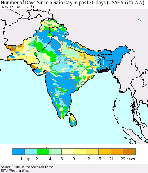 Southern Asia Number of Days Since a Rain Day in past 30 days (USAF 557th WW) Thematic Map For 6/6/2023 - 6/10/2023