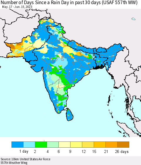 Southern Asia Number of Days Since a Rain Day in past 30 days (USAF 557th WW) Thematic Map For 6/11/2023 - 6/15/2023