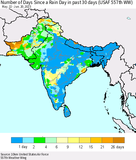 Southern Asia Number of Days Since a Rain Day in past 30 days (USAF 557th WW) Thematic Map For 6/16/2023 - 6/20/2023