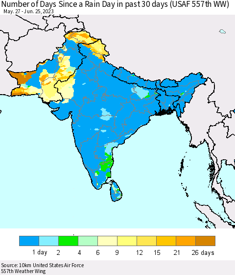 Southern Asia Number of Days Since a Rain Day in past 30 days (USAF 557th WW) Thematic Map For 6/21/2023 - 6/25/2023