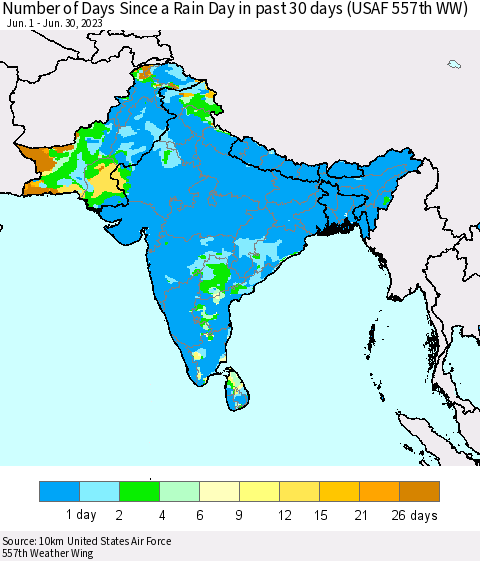 Southern Asia Number of Days Since a Rain Day in past 30 days (USAF 557th WW) Thematic Map For 6/26/2023 - 6/30/2023