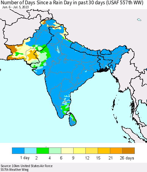 Southern Asia Number of Days Since a Rain Day in past 30 days (USAF 557th WW) Thematic Map For 7/1/2023 - 7/5/2023