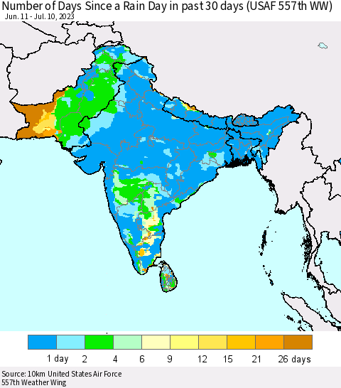 Southern Asia Number of Days Since a Rain Day in past 30 days (USAF 557th WW) Thematic Map For 7/6/2023 - 7/10/2023