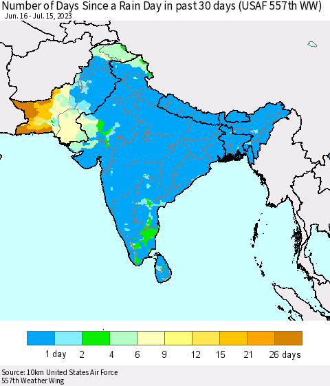 Southern Asia Number of Days Since a Rain Day in past 30 days (USAF 557th WW) Thematic Map For 7/11/2023 - 7/15/2023