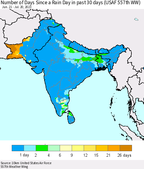 Southern Asia Number of Days Since a Rain Day in past 30 days (USAF 557th WW) Thematic Map For 7/16/2023 - 7/20/2023