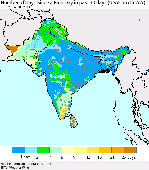 Southern Asia Number of Days Since a Rain Day in past 30 days (USAF 557th WW) Thematic Map For 7/26/2023 - 7/31/2023