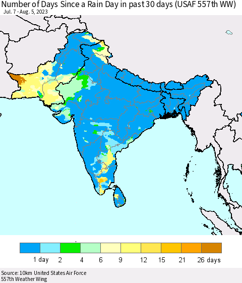 Southern Asia Number of Days Since a Rain Day in past 30 days (USAF 557th WW) Thematic Map For 8/1/2023 - 8/5/2023