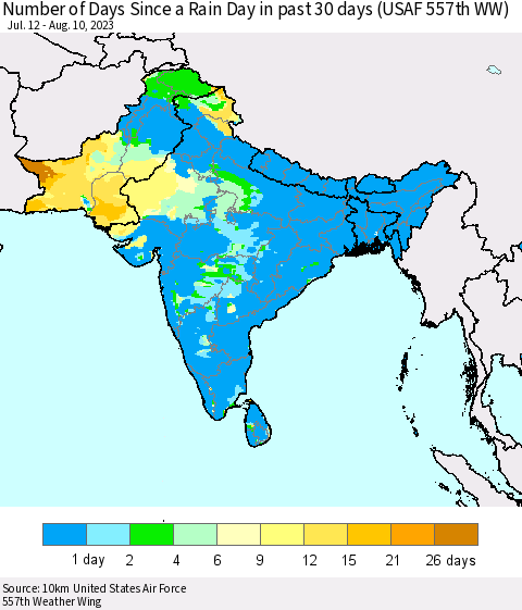 Southern Asia Number of Days Since a Rain Day in past 30 days (USAF 557th WW) Thematic Map For 8/6/2023 - 8/10/2023