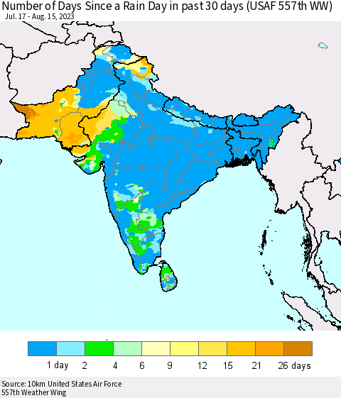 Southern Asia Number of Days Since a Rain Day in past 30 days (USAF 557th WW) Thematic Map For 8/11/2023 - 8/15/2023