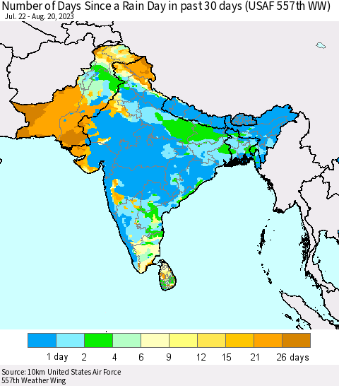 Southern Asia Number of Days Since a Rain Day in past 30 days (USAF 557th WW) Thematic Map For 8/16/2023 - 8/20/2023