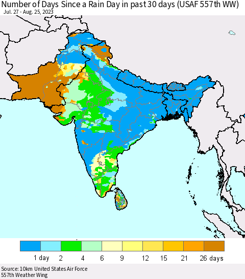 Southern Asia Number of Days Since a Rain Day in past 30 days (USAF 557th WW) Thematic Map For 8/21/2023 - 8/25/2023