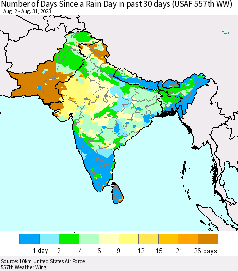 Southern Asia Number of Days Since a Rain Day in past 30 days (USAF 557th WW) Thematic Map For 8/26/2023 - 8/31/2023