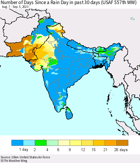 Southern Asia Number of Days Since a Rain Day in past 30 days (USAF 557th WW) Thematic Map For 9/1/2023 - 9/5/2023