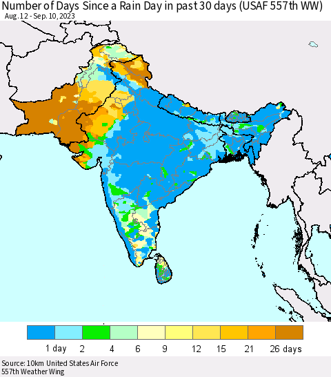 Southern Asia Number of Days Since a Rain Day in past 30 days (USAF 557th WW) Thematic Map For 9/6/2023 - 9/10/2023