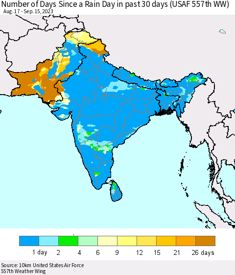 Southern Asia Number of Days Since a Rain Day in past 30 days (USAF 557th WW) Thematic Map For 9/11/2023 - 9/15/2023