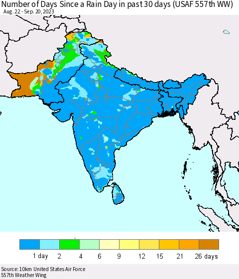 Southern Asia Number of Days Since a Rain Day in past 30 days (USAF 557th WW) Thematic Map For 9/16/2023 - 9/20/2023