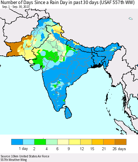 Southern Asia Number of Days Since a Rain Day in past 30 days (USAF 557th WW) Thematic Map For 9/26/2023 - 9/30/2023