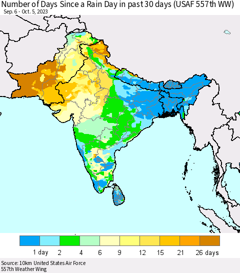 Southern Asia Number of Days Since a Rain Day in past 30 days (USAF 557th WW) Thematic Map For 10/1/2023 - 10/5/2023