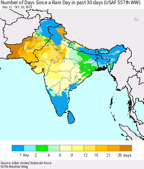 Southern Asia Number of Days Since a Rain Day in past 30 days (USAF 557th WW) Thematic Map For 10/6/2023 - 10/10/2023