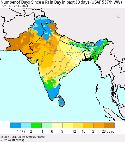 Southern Asia Number of Days Since a Rain Day in past 30 days (USAF 557th WW) Thematic Map For 10/11/2023 - 10/15/2023