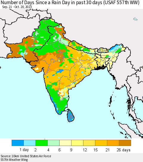 Southern Asia Number of Days Since a Rain Day in past 30 days (USAF 557th WW) Thematic Map For 10/16/2023 - 10/20/2023