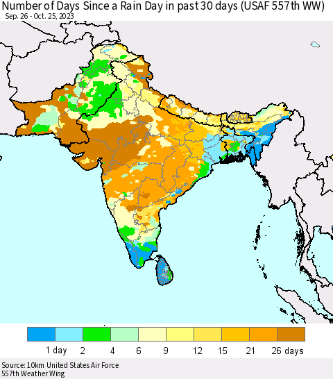Southern Asia Number of Days Since a Rain Day in past 30 days (USAF 557th WW) Thematic Map For 10/21/2023 - 10/25/2023