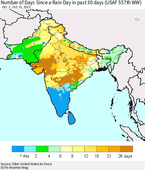 Southern Asia Number of Days Since a Rain Day in past 30 days (USAF 557th WW) Thematic Map For 10/26/2023 - 10/31/2023