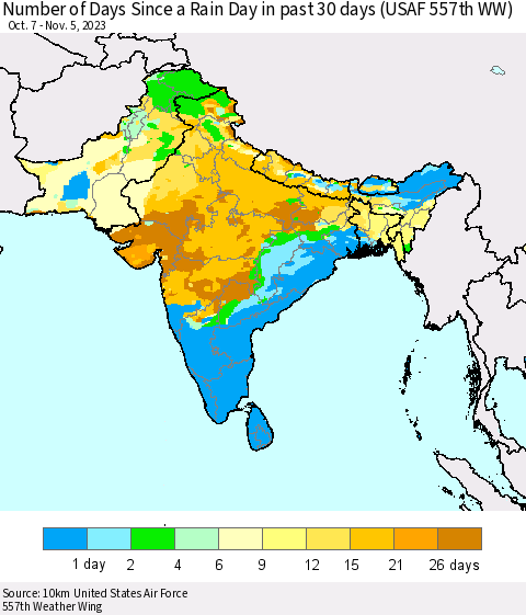 Southern Asia Number of Days Since a Rain Day in past 30 days (USAF 557th WW) Thematic Map For 11/1/2023 - 11/5/2023