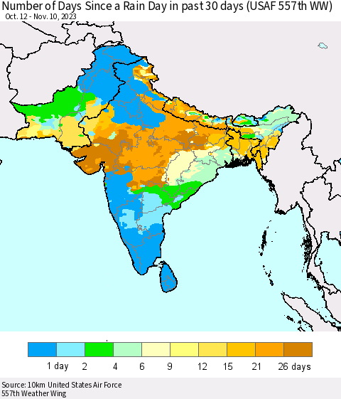 Southern Asia Number of Days Since a Rain Day in past 30 days (USAF 557th WW) Thematic Map For 11/6/2023 - 11/10/2023