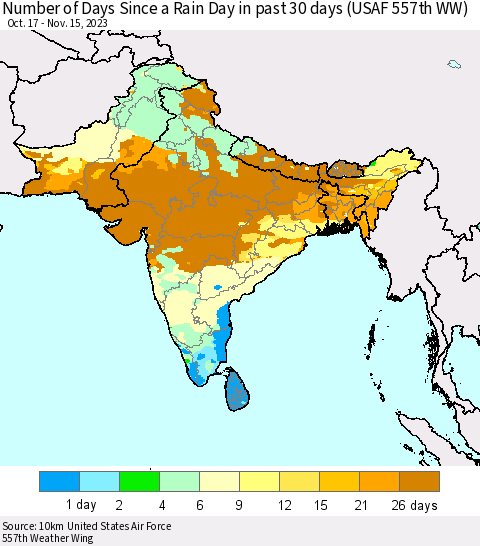 Southern Asia Number of Days Since a Rain Day in past 30 days (USAF 557th WW) Thematic Map For 11/11/2023 - 11/15/2023
