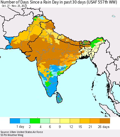 Southern Asia Number of Days Since a Rain Day in past 30 days (USAF 557th WW) Thematic Map For 11/21/2023 - 11/25/2023