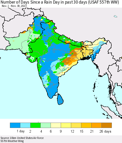 Southern Asia Number of Days Since a Rain Day in past 30 days (USAF 557th WW) Thematic Map For 11/26/2023 - 11/30/2023