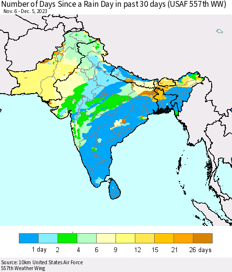 Southern Asia Number of Days Since a Rain Day in past 30 days (USAF 557th WW) Thematic Map For 12/1/2023 - 12/5/2023