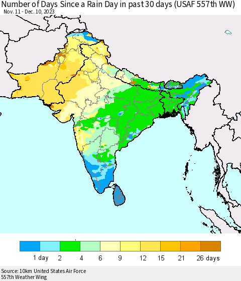 Southern Asia Number of Days Since a Rain Day in past 30 days (USAF 557th WW) Thematic Map For 12/6/2023 - 12/10/2023