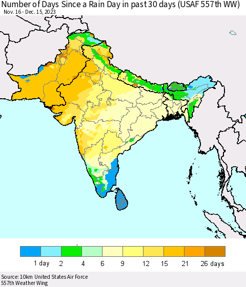 Southern Asia Number of Days Since a Rain Day in past 30 days (USAF 557th WW) Thematic Map For 12/11/2023 - 12/15/2023