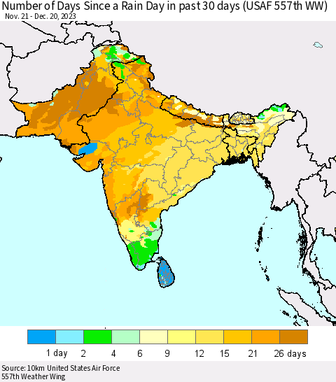 Southern Asia Number of Days Since a Rain Day in past 30 days (USAF 557th WW) Thematic Map For 12/16/2023 - 12/20/2023