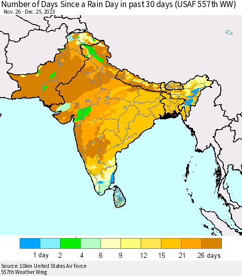 Southern Asia Number of Days Since a Rain Day in past 30 days (USAF 557th WW) Thematic Map For 12/21/2023 - 12/25/2023