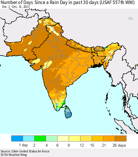 Southern Asia Number of Days Since a Rain Day in past 30 days (USAF 557th WW) Thematic Map For 12/26/2023 - 12/31/2023