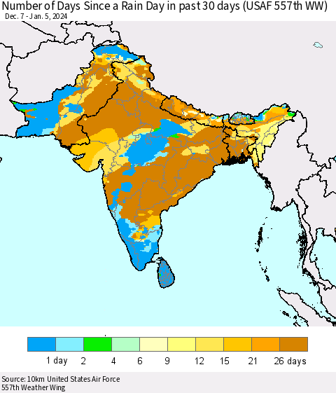 Southern Asia Number of Days Since a Rain Day in past 30 days (USAF 557th WW) Thematic Map For 1/1/2024 - 1/5/2024