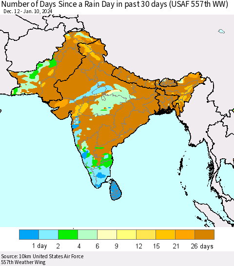 Southern Asia Number of Days Since a Rain Day in past 30 days (USAF 557th WW) Thematic Map For 1/6/2024 - 1/10/2024