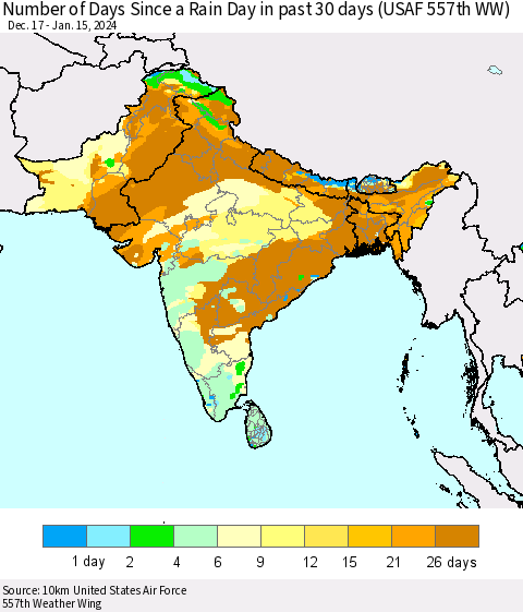 Southern Asia Number of Days Since a Rain Day in past 30 days (USAF 557th WW) Thematic Map For 1/11/2024 - 1/15/2024