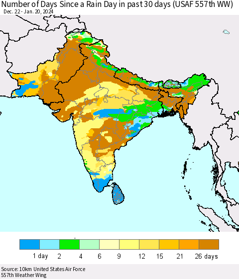 Southern Asia Number of Days Since a Rain Day in past 30 days (USAF 557th WW) Thematic Map For 1/16/2024 - 1/20/2024
