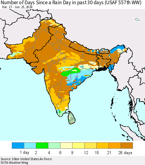 Southern Asia Number of Days Since a Rain Day in past 30 days (USAF 557th WW) Thematic Map For 1/21/2024 - 1/25/2024