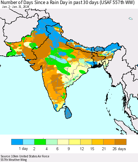 Southern Asia Number of Days Since a Rain Day in past 30 days (USAF 557th WW) Thematic Map For 1/26/2024 - 1/31/2024