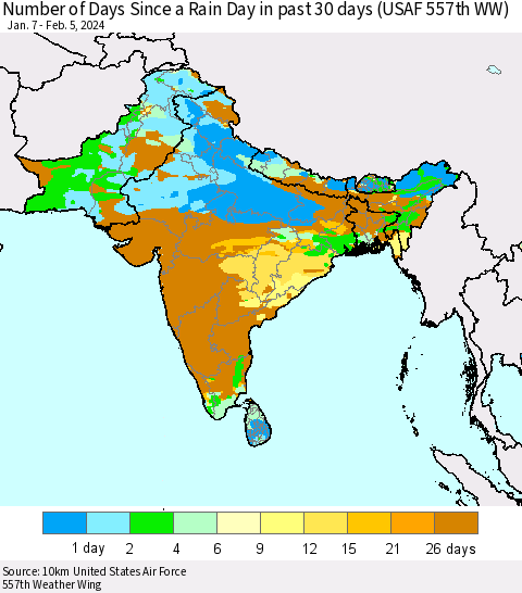 Southern Asia Number of Days Since a Rain Day in past 30 days (USAF 557th WW) Thematic Map For 2/1/2024 - 2/5/2024