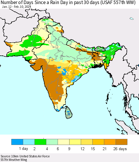 Southern Asia Number of Days Since a Rain Day in past 30 days (USAF 557th WW) Thematic Map For 2/6/2024 - 2/10/2024